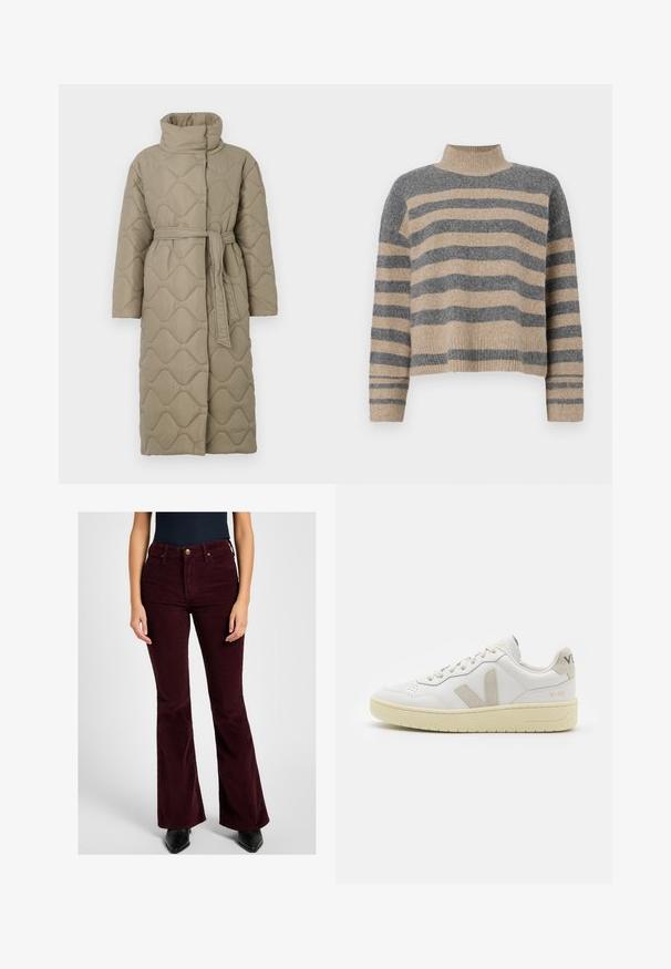 Dlouhý taupe prošívaný kabát s vysokým límcem a opaskem ze stejného materiálu svázaným v pase, se vzorem vlnkového šití po celém povrchu.; Pruhovaný pletený svetr v šedých a béžových barvách, s vysokým krkem, širokými rukávy s manžetami a uvolněným střihem s kráceným designem.; Bordové manšestrové kalhoty s rozšířenými nohavicemi, s předními kapsami, zipem a knoflíkovým zapínáním a texturovaným povrchem.; Bílé kožené tenisky s béžovými semišovými akcenty, perforovanou špičkou, plochými tkaničkami a strukturovanou krémovou podešví. Obsahují jemné logo na patě.