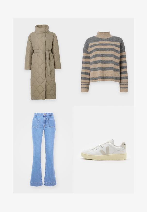 Dolga taupe puhovka s visokim ovratnikom in pasom iz iste tkanine, zavezanim na pasu, ki vsebuje šivane vzorce valov v celotni dolžini.; Prajčast pulover z šivi v sivi in bež barvi, visokim ovratnikom, širokimi manšetami in sproščenim krojem s skrajšano zasnovo.; Modre flare jeans s visokim pasom, z gumbom za zapiranje, dvema sprednjima žepoma in dvema zadnjima žepoma. Čist rob z detajli šivanja.; Bela usnjena tenisača z bež semiš poudarki, perforiranim prednjim delom, ravnimi vezalkami in strukturiranim kremnim podplatom. Ima diskretno blagovno znamko na peti.