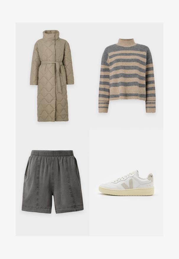 Long taupe quilted coat with high collar and matching fabric belt tied at the waist, featuring wave-pattern stitching throughout.; Striped knit sweater featuring gray and beige colors, high neck, wide cuffed sleeves, and a relaxed fit with a cropped design.; Gray, cotton blend shorts with an elastic waistband, side pockets, and stitched detailing along the seams. Soft texture and casual fit.; White leather sneaker with beige suede accents, perforated toe box, flat laces, and a textured cream sole. Features subtle branding on heel.