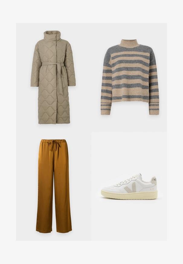 Casaco longo em taupe, acolchoado, com gola alta e cinto de tecido a condizer atado à cintura, apresentando um acolchoado em padrão de ondas por toda a parte.; Sweater de malha às riscas com cores cinza e bege, gola alta, mangas largas com punhos e um corte solto com design cropped.; Calças largas de cetim castanho com cintura elástica e cordão. Textura suave e design de comprimento total com um corte relaxado.; Sapatilha de couro branca com detalhes em camurça bege, biqueira perfurada, atacadores planos e sola texturizada creme. Apresenta uma marcação subtil no calcanhar.