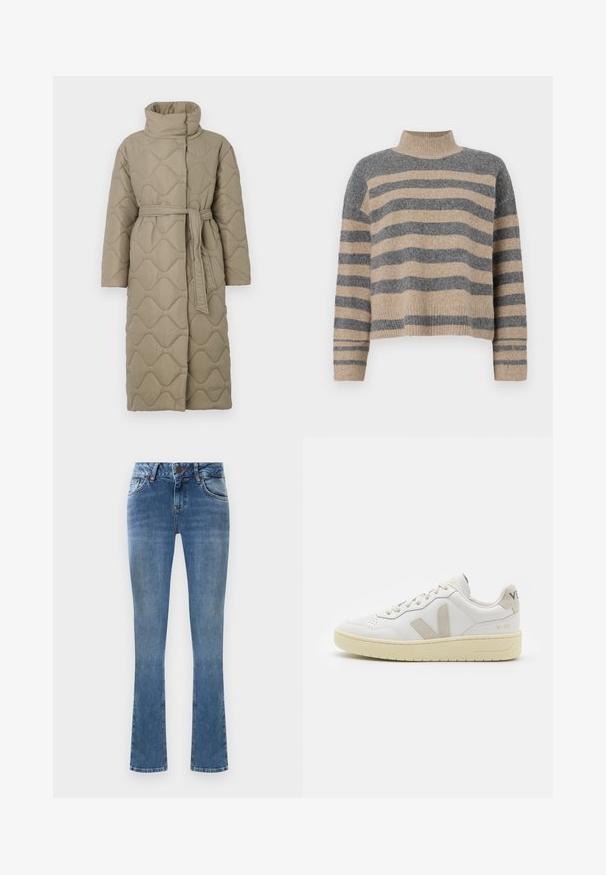 Dugi taupe kaput s kvadrama s visokim ovratnikom i remenom od istog materijala zavezanim u struku, s valovitim uzorkom šivanja kroz cijelu površinu.; Prugasti pleteni džemper u sivoj i bež boji, s visokim ovratnikom, širokim rukavima s manžetama i opuštenim krojem koji je skraćen.; Svijetloplave traper suknje s flared krojem, pet džepova, zatvaranjem na dugme i žutim prošivima. Tkanina ima glatku teksturu.; Bijele kožne tenisice s bež nubuk naglascima, perforiranim prednjim dijelom, ravnim čipkama i teksturiranom kremastom potplatom. Sadrži suptilni brend na pete.