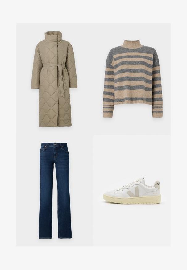 Abrigo largo en tono topo, acolchado, con cuello alto y cinturón de tela a juego atado en la cintura, que presenta un diseño de costura en patrón de olas en toda su superficie.; Suéter de punto a rayas en colores gris y beige, con cuello alto, mangas anchas con puños, y un corte relajado con un diseño recortado.; Lee ZOE - Vaqueros rectos - no foul; Zapatilla de piel blanca con acentos de ante beige, caja de puntera perforada, cordones planos y suela texturizada en color crema. Cuenta con un branding sutil en el talón.