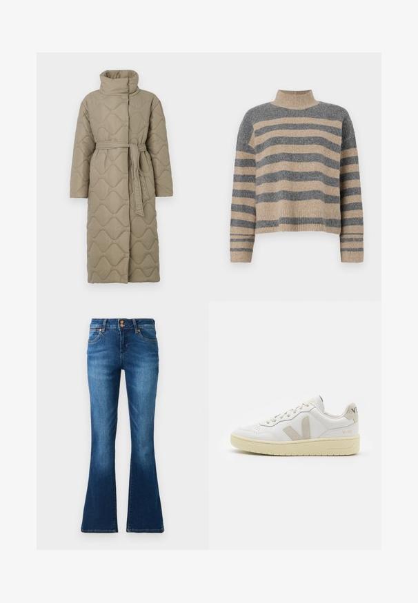 Pitkä taupe-värinen tikattu takki, jossa on korkea kaulus ja samaa kangasta oleva vyö solmittuna vyötärölle. Takissa on aallokkomuotoista tikkausta koko matkalta.; Raidallisen neulepaidan harmaan ja beigen sävyiset värit, korkea kaulus, leveät hihansuut ja rento istuvuus lyhyellä leikkauksella.; Korkeavyötäröiset siniset farkut, joissa on hieman levenevät lahkeet ja joissa on kaksi etutaskua sekä kuparinväriset napit.; Valkoiset nahkakengät, joissa on vaaleanruskeat pigmenttisuojat, rei'itetty kärki, litteät nauhat ja teksturoitu kermaisa pohja. Takana on huomaamaton brändäys.