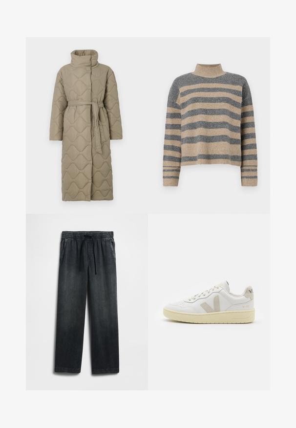 Hosszú taupe színű steppelt kabát magas gallérral és azonos anyagból készült övvel, amely a deréknál van megkötve, hullámmintás varrással az egész felületen.; Csíkos kötött pulóver szürke és bézs színekkel, magas gallérral, széles mandzsettás ujjal és laza, rövidített fazonnal.; Fekete farmernadrág rugalmas derékrésszel és húzózsinórral, bő szárú fazonnal és enyhe kopással. Két oldalzsebbel ellátva.; Fehér bőr sneaker bézs velúr részletekkel, perforált orr résszel, lapos fűzőkkel és textúrált krémszínű talppal. Finom márkajelzés található a sarkán.