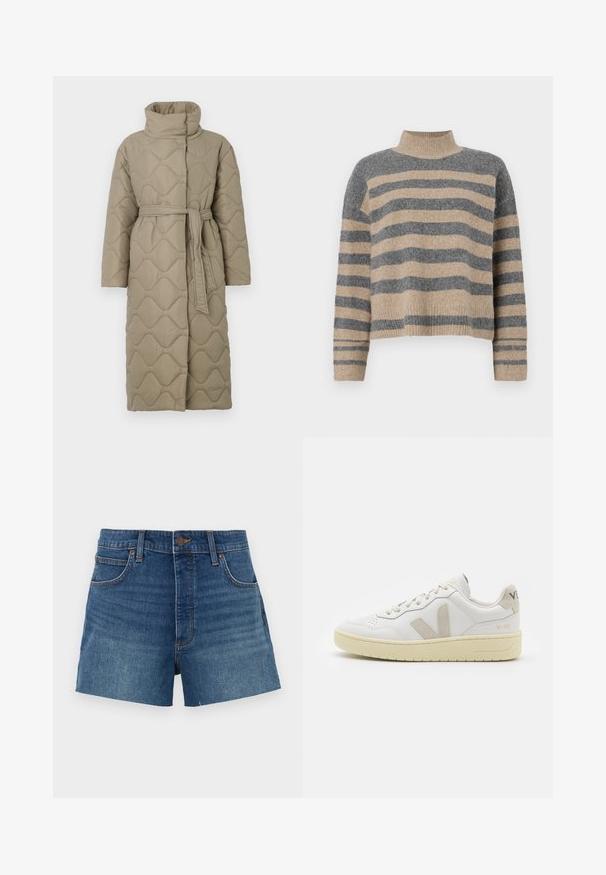 Ilgas taupe spalvos siuvinėtas paltas su aukštu apykakle ir derančiu audinio diržu, suvytu juosmenyje, su banguotu raštu siuvinėjimu visame paviršiuje.; Dryžuotas mezginys su pilkos ir smėlio spalvomis, aukštu kaklu, plačiomis rankovėmis su atvartais ir laisvu siluetu, trumpesnio ilgio.; Vidutinio mėlynumo džinsiniai šortai, pasižymintys aukštu liemeniu, keturiomis kišenėmis ir siuvinėtu dekoravimu. Lygus paviršius su klasikinio fasono kirpimu.; Balti odiniai sportbačiai su kreminiais zomšos akcentais, perforuota pirštų dalimi, plokščiomis raišteliais ir struktūruota kreminėmis padomis. Ant kulno yra subtilus ženklinimas.