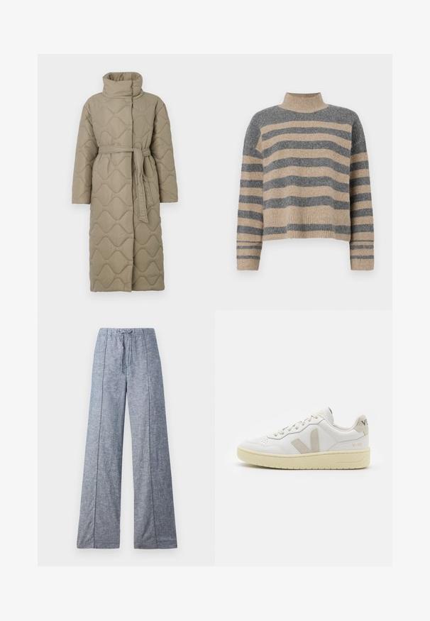 Abrigo largo en tono topo, acolchado, con cuello alto y cinturón de tela a juego atado en la cintura, que presenta un diseño de costura en patrón de olas en toda su superficie.; Suéter de punto a rayas en colores gris y beige, con cuello alto, mangas anchas con puños, y un corte relajado con un diseño recortado.; Pantalones de pierna ancha en una tela azul claro con una textura sutil, que cuentan con una cinturilla elástica y un cordón para ajuste.; Zapatilla de piel blanca con acentos de ante beige, caja de puntera perforada, cordones planos y suela texturizada en color crema. Cuenta con un branding sutil en el talón.