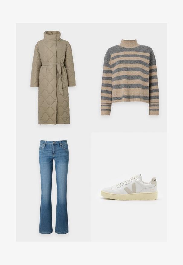 Długi, taupe'owy, pikowany płaszcz z wysokim kołnierzem i pasującym paskiem z materiału związanym w talii, z falistym wzorem przeszyć na całej powierzchni.; Sweter w paski z dzianiny w kolorach szaro-beżowych, z wysokim kołnierzem, szerokimi rękawami na mankietach i luźnym krojem z krótką długością.; Rozszerzane spodnie dżinsowe w kolorze niebieskim, wykonane z denimu, z wysokim stanem, pięcioma kieszeniami i delikatnym przecieraniem na udach, z przeszytymi szwami.; Białe skórzane trampki z beżowymi zamszowymi akcentami, perforowanym noskiem, płaskimi sznurowadłami i teksturowaną kremową podeszwą. Posiadają subtelne logo na pięcie.