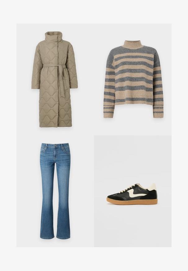 Casaco longo em taupe, acolchoado, com gola alta e cinto de tecido a condizer atado à cintura, apresentando um acolchoado em padrão de ondas por toda a parte.; Sweater de malha às riscas com cores cinza e bege, gola alta, mangas largas com punhos e um corte solto com design cropped.; Jeans azuis em flare, feitos de denim, com cintura alta, cinco bolsos e desbotamento subtil na coxa, com costuras alinhavadas.; Sapatilha em camurça e couro pretos com um swoosh lateral em creme e um calcanhar em creme claro. Apresenta atacadores bege e uma sola de borracha tipo gum.