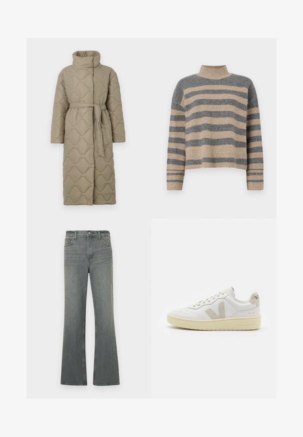 Dlouhý taupe prošívaný kabát s vysokým límcem a opaskem ze stejného materiálu svázaným v pase, se vzorem vlnkového šití po celém povrchu.; Pruhovaný pletený svetr v šedých a béžových barvách, s vysokým krkem, širokými rukávy s manžetami a uvolněným střihem s kráceným designem.; Šedé džíny s vysokým pasem, rovného střihu, se zapínáním na knoflík a zip, předními kapsami a poutky na pásek.; Bílé kožené tenisky s béžovými semišovými akcenty, perforovanou špičkou, plochými tkaničkami a strukturovanou krémovou podešví. Obsahují jemné logo na patě.