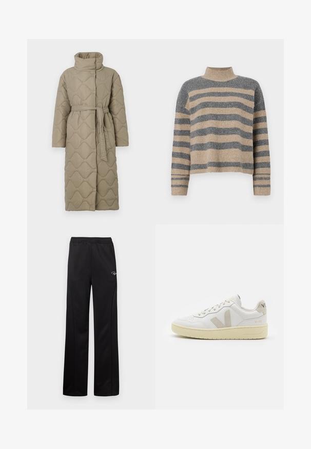 Dolga taupe puhovka s visokim ovratnikom in pasom iz iste tkanine, zavezanim na pasu, ki vsebuje šivane vzorce valov v celotni dolžini.; Prajčast pulover z šivi v sivi in bež barvi, visokim ovratnikom, širokimi manšetami in sproščenim krojem s skrajšano zasnovo.; Črne športne hlače z ohlapnim krojem, elastičnim pasom, nevsiljivimi stranskimi šivi in majhnim belim logotipom spredaj. Gladka tekstura tkanine.; Bela usnjena tenisača z bež semiš poudarki, perforiranim prednjim delom, ravnimi vezalkami in strukturiranim kremnim podplatom. Ima diskretno blagovno znamko na peti.