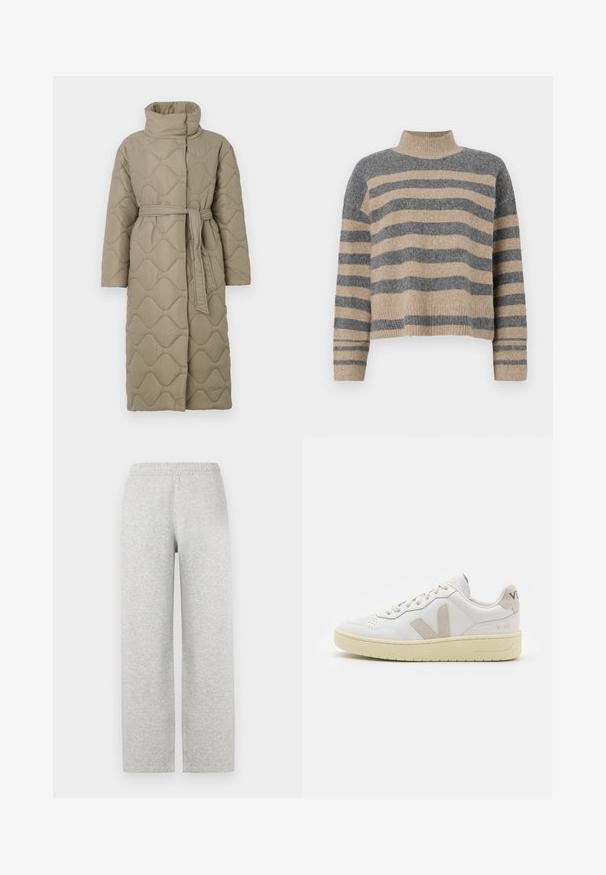 Ilgas taupe spalvos siuvinėtas paltas su aukštu apykakle ir derančiu audinio diržu, suvytu juosmenyje, su banguotu raštu siuvinėjimu visame paviršiuje.; Dryžuotas mezginys su pilkos ir smėlio spalvomis, aukštu kaklu, plačiomis rankovėmis su atvartais ir laisvu siluetu, trumpesnio ilgio.; Pilkai, minkštas audinys, poilsio kelnės su laisvu mišiniu, elastiniu juosmeniu ir tiesiomis kojomis. Nėra matomų kišenių ar papildomų puošmenų.; Balti odiniai sportbačiai su kreminiais zomšos akcentais, perforuota pirštų dalimi, plokščiomis raišteliais ir struktūruota kreminėmis padomis. Ant kulno yra subtilus ženklinimas.