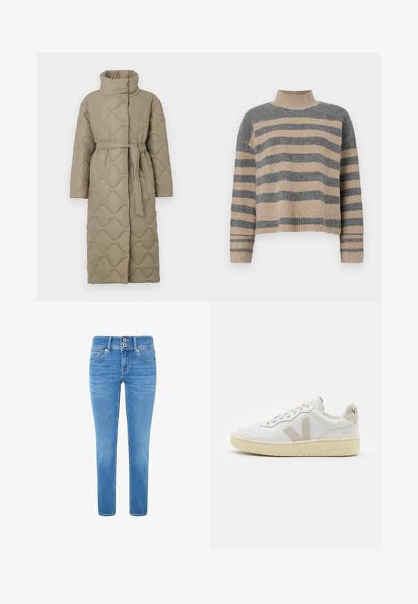 Garšs pelēkbrūns quiltēts mētelis ar augstu apkakli un atbilstošu auduma jostu, kas sasieta ap vidukli, ar viļņu raksta šuvēm visā virsmā.; Raitaināta džemperis ar pelēkajām un bežām krāsām, augstu apkakli, platām aprocēm un brīvu piegriezumu ar īsu dizainu.; Gai zili džinsi ar taisnu griezumu, izgatavoti no denima. Iezīmē divas pogas viduklī, vieglu nodilumu un piecu kabatu dizainu.; Baltas ādas sporta apavu pāris ar bēšiem zamša akcentiem, caurumiņu purngalā, plakanu šņorēšanu un teksturētu krēmkrāsas zoli. Iezīmējas ar diskrētu zīmolu uz papēža.