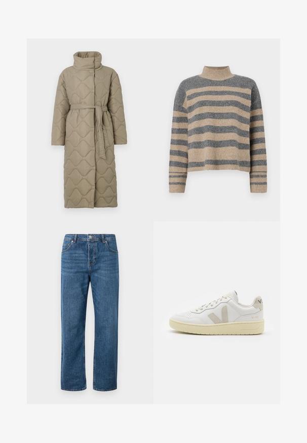 Abrigo largo en tono topo, acolchado, con cuello alto y cinturón de tela a juego atado en la cintura, que presenta un diseño de costura en patrón de olas en toda su superficie.; Suéter de punto a rayas en colores gris y beige, con cuello alto, mangas anchas con puños, y un corte relajado con un diseño recortado.; Jeans de mezclilla azul con corte recto y talle alto. Incluye bolsillos delanteros, cierre de botón y detalles de costura sutiles.; Zapatilla de piel blanca con acentos de ante beige, caja de puntera perforada, cordones planos y suela texturizada en color crema. Cuenta con un branding sutil en el talón.