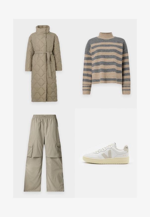 Langer taubefarbener gesteppter Mantel mit hohem Kragen und passendem Stoffgürtel, der in der Taille gebunden ist, mit Wellenmuster-Steppung. ; Gestreifter Strickpullover in Grau- und Beigetönen, mit hohem Kragen, breiten Bündchen an den Ärmeln und einer lockeren Passform im verkürzten Design.; Beige Cargo-Hosen aus leichtem Stoff, mit einem elastischen Bund, lockerer Passform und zwei großen Seitentaschen.; Weiße Ledersneaker mit beigen Wildlederakzenten, perforierte Zehenbox, flache Schnürsenkel und eine strukturierte cremefarbene Sohle. Mit dezentem Branding an der Ferse.
