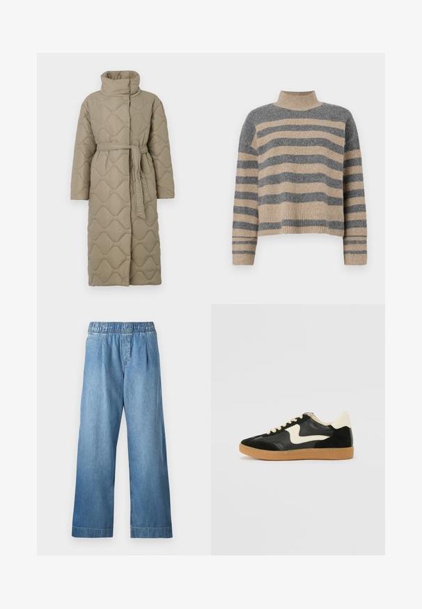 Manteau lung de culoare taupe, matlasat, cu guler înalt și curea din același material legată în talie, având o broderie în formă de valuri pe întreaga suprafață.; Pulover tricotat cu dungi, în culori gri și bej, guler înalt, mâneci late cu manșete și o croială lejeră cu un design scurt.; Pantaloni din denim bleu deschis cu un brâu elastic, tăietură largă și textură subtilă. Nu au buzunare vizibile sau embellishments.; Tenisi din suede și piele negri cu un swoosh lateral de culoare crem și călcâi de un crem deschis. Prezintă șireturi bej și o talpă din rubber de tip gum.