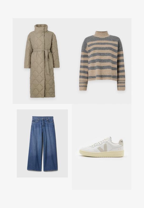 Abrigo largo en tono topo, acolchado, con cuello alto y cinturón de tela a juego atado en la cintura, que presenta un diseño de costura en patrón de olas en toda su superficie.; Suéter de punto a rayas en colores gris y beige, con cuello alto, mangas anchas con puños, y un corte relajado con un diseño recortado.; Jeans de mezclilla azul de pierna ancha con una cintura de altura media, diseño de cinco bolsillos, costuras clásicas y una textura suave. Ligera decoloración en la zona del muslo.; Zapatilla de piel blanca con acentos de ante beige, caja de puntera perforada, cordones planos y suela texturizada en color crema. Cuenta con un branding sutil en el talón.