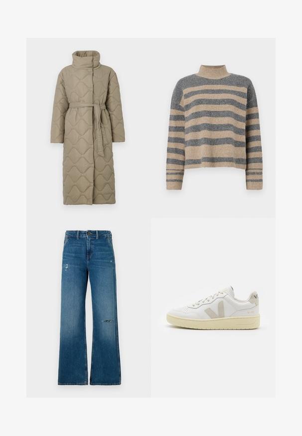 Dolga taupe puhovka s visokim ovratnikom in pasom iz iste tkanine, zavezanim na pasu, ki vsebuje šivane vzorce valov v celotni dolžini.; Prajčast pulover z šivi v sivi in bež barvi, visokim ovratnikom, širokimi manšetami in sproščenim krojem s skrajšano zasnovo.; Modri jeans širokih nogavice z zbledelim vzorcem, ki imata na sprednji strani dve poškodovani mesti, gumbasto zapiranje in pet žepov.; Bela usnjena tenisača z bež semiš poudarki, perforiranim prednjim delom, ravnimi vezalkami in strukturiranim kremnim podplatom. Ima diskretno blagovno znamko na peti.
