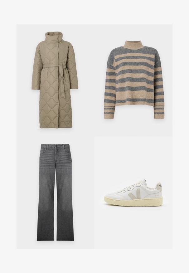 Long taupe quilted coat with high collar and matching fabric belt tied at the waist, featuring wave-pattern stitching throughout.; Striped knit sweater featuring gray and beige colors, high neck, wide cuffed sleeves, and a relaxed fit with a cropped design.; Grey denim wide-leg jeans with a medium wash, featuring a five-pocket design, front button closure, and subtle seam detailing.; White leather sneaker with beige suede accents, perforated toe box, flat laces, and a textured cream sole. Features subtle branding on heel.