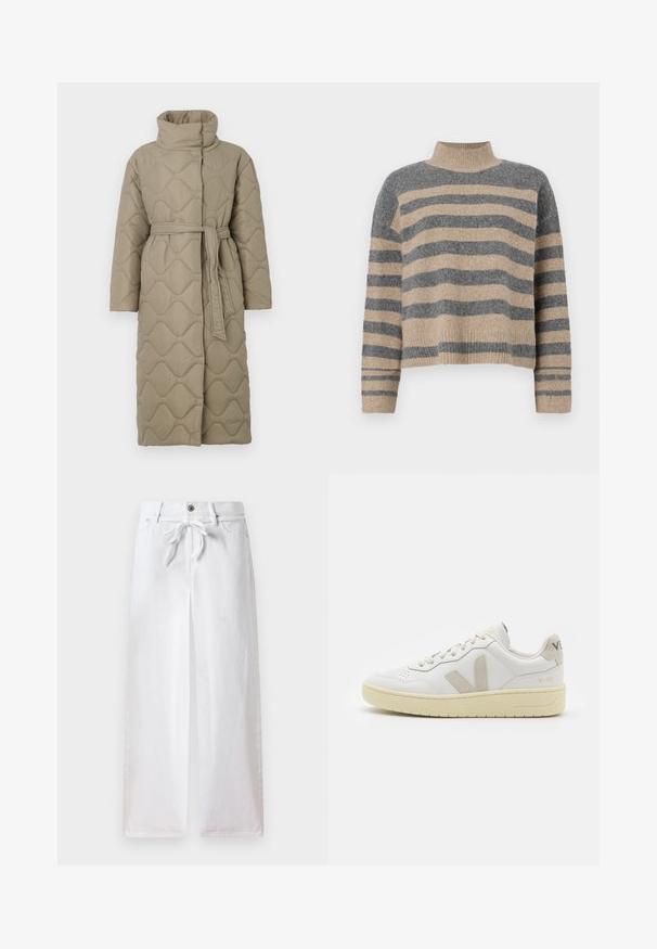 Garšs pelēkbrūns quiltēts mētelis ar augstu apkakli un atbilstošu auduma jostu, kas sasieta ap vidukli, ar viļņu raksta šuvēm visā virsmā.; Raitaināta džemperis ar pelēkajām un bežām krāsām, augstu apkakli, platām aprocēm un brīvu piegriezumu ar īsu dizainu.; Baltās platā kāju bikses, izgatavotas no kokvilnas. Aprīkotas ar saiti jostā un pogu aizdari. Gluda tekstūra ar minimālistisku dizainu.; Baltas ādas sporta apavu pāris ar bēšiem zamša akcentiem, caurumiņu purngalā, plakanu šņorēšanu un teksturētu krēmkrāsas zoli. Iezīmējas ar diskrētu zīmolu uz papēža.