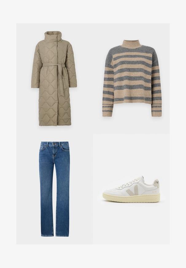 Casaco longo em taupe, acolchoado, com gola alta e cinto de tecido a condizer atado à cintura, apresentando um acolchoado em padrão de ondas por toda a parte.; Sweater de malha às riscas com cores cinza e bege, gola alta, mangas largas com punhos e um corte solto com design cropped.; Calças de ganga azul com um design de perna reta. Inclui fecho por botão, passadores de cinto e bolsos frontais. Desgaste leve nas coxas.; Sapatilha de couro branca com detalhes em camurça bege, biqueira perfurada, atacadores planos e sola texturizada creme. Apresenta uma marcação subtil no calcanhar.