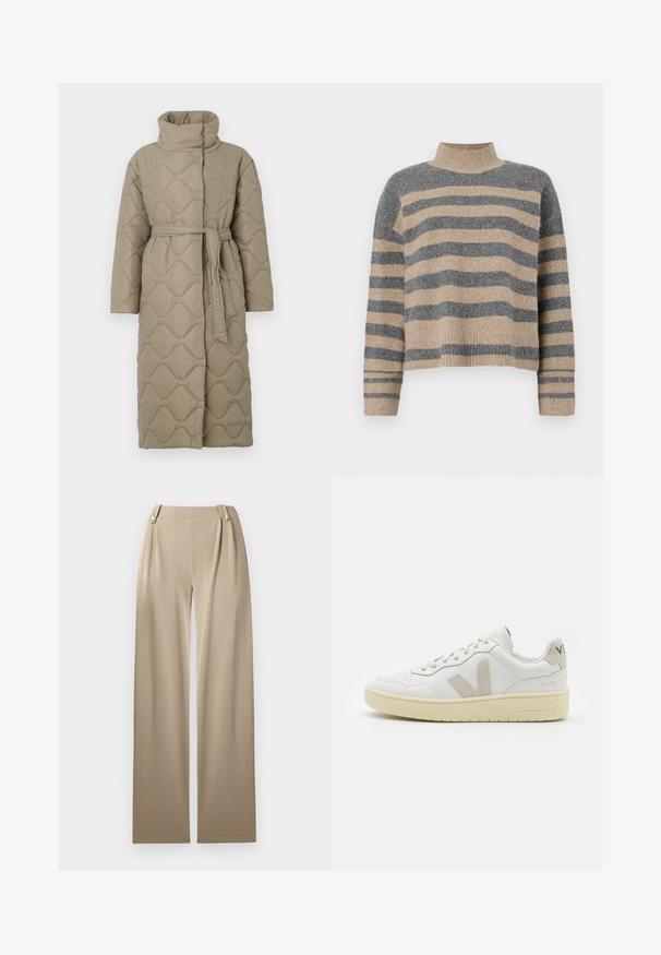 Long taupe quilted coat with high collar and matching fabric belt tied at the waist, featuring wave-pattern stitching throughout.; Striped knit sweater featuring gray and beige colors, high neck, wide cuffed sleeves, and a relaxed fit with a cropped design.; Beige wide-leg trousers with a smooth texture, featuring two decorative buttons at the waist and subtle pleats for added detail.; White leather sneaker with beige suede accents, perforated toe box, flat laces, and a textured cream sole. Features subtle branding on heel.