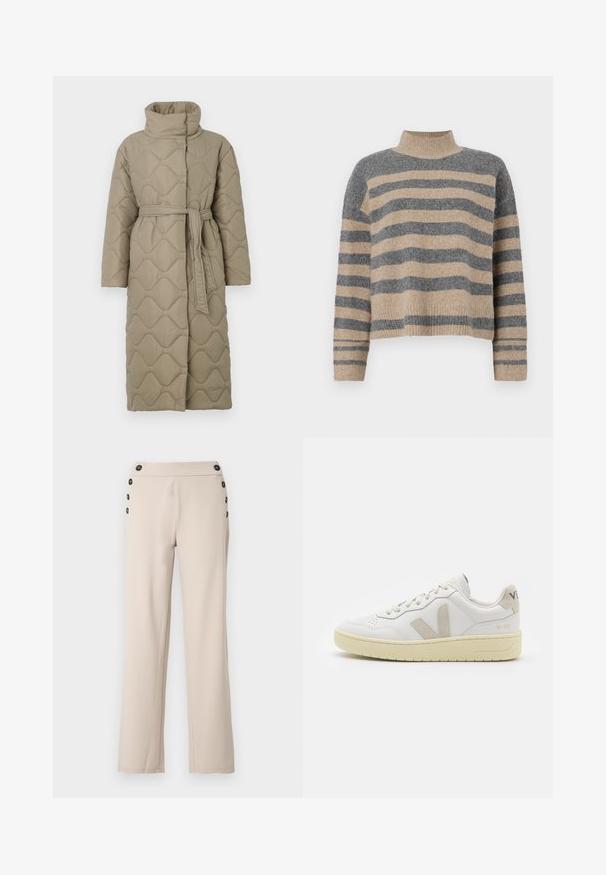 Pikk taupe värvi tikitud mantel kõrge kraega ja sobiva materjalist vööga, mis on seotud vöökohal, ning kogu ulatuses on lainelise mustriga tikand.; Triibuline kudumipusa, millel on hallid ja beezid toonid, kõrge kaelus, laiad mansetid ja vabalt langev lõige koos lühendatud disainiga.; Beežid kohandatud püksid, valmistatud siledast kangast, sirge säärega, kõrge vöökohaga ja kuue musta nupuga detaile külgedel.; Valge nahast tenniseking, millel on beežist siidist aktsent ja aukudega varvas, lame paelad ja tekstureeritud koorevärvi tallad. Omab nüansirikast brändimist kannal.