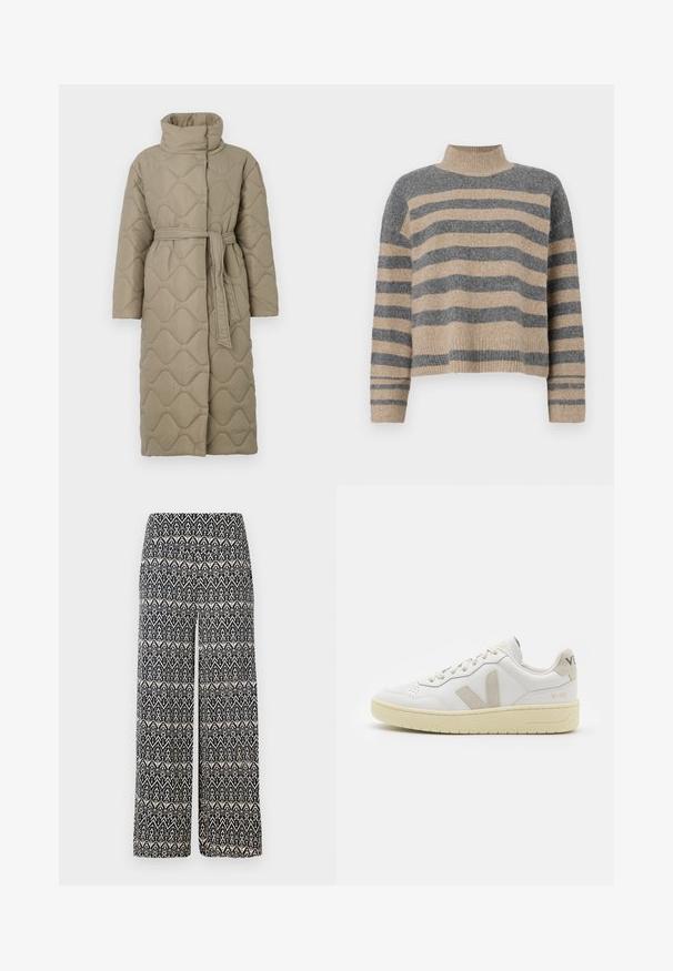 Dlhý taupe prešívaný kabát s vysokým golierom a opaskom z rovnakého materiálu viazaným v páse, so štepovaním vlnkového vzoru po celej ploche.; Prúžkovaný pletený sveter s šedými a béžovými farbami, vysokým golierom, širokými manžetami a voľným strihom s krátkym dizajnom.; Široké nohavice s čierno-krémovým geometrickým vzorom, vyrobené z tkaniny s hladkým povrchom. Elastický pás pre pohodlie.; Biele kožené tenisky s béžovými semišovými akcentmi, perforovanou špičkou, plochými šnúrkami a textúrovanou krémovou podrážkou. Obsahujú jemné označenie na päte.