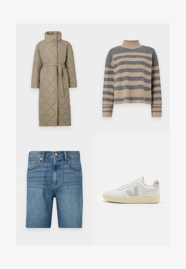 Long taupe quilted coat with high collar and matching fabric belt tied at the waist, featuring wave-pattern stitching throughout.; Striped knit sweater featuring gray and beige colors, high neck, wide cuffed sleeves, and a relaxed fit with a cropped design.; Denim shorts in light blue, featuring a classic cut, five pockets, and copper accents for contrast. Textured, medium-weight fabric.; White leather sneaker with beige suede accents, perforated toe box, flat laces, and a textured cream sole. Features subtle branding on heel.