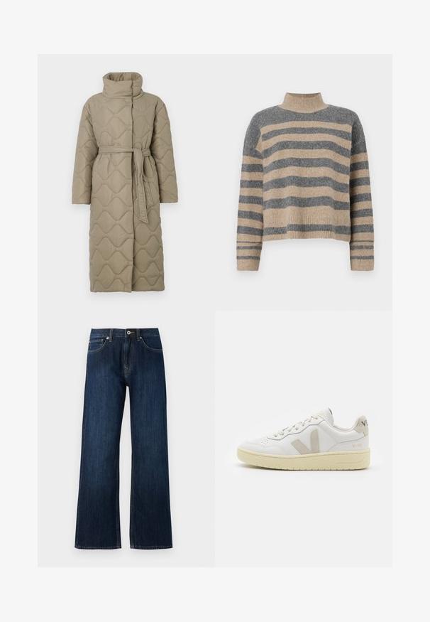 Dolga taupe puhovka s visokim ovratnikom in pasom iz iste tkanine, zavezanim na pasu, ki vsebuje šivane vzorce valov v celotni dolžini.; Prajčast pulover z šivi v sivi in bež barvi, visokim ovratnikom, širokimi manšetami in sproščenim krojem s skrajšano zasnovo.; Široke temno modre kavbojke iz denima, ki vključujejo zadrgo, gumbasto zapiranje in dve sprednji žep z kontrastnim šivanjem.; Bela usnjena tenisača z bež semiš poudarki, perforiranim prednjim delom, ravnimi vezalkami in strukturiranim kremnim podplatom. Ima diskretno blagovno znamko na peti.