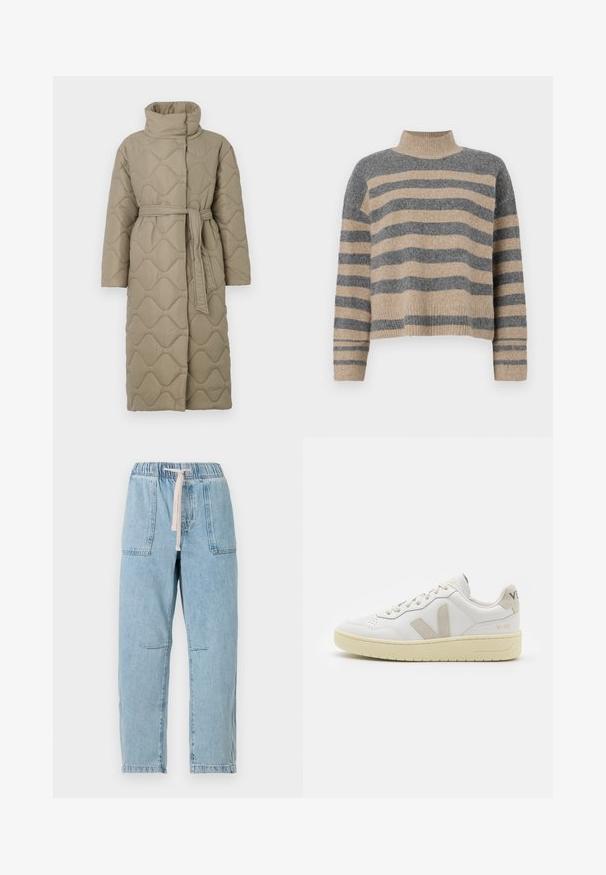 Abrigo largo en tono topo, acolchado, con cuello alto y cinturón de tela a juego atado en la cintura, que presenta un diseño de costura en patrón de olas en toda su superficie.; Suéter de punto a rayas en colores gris y beige, con cuello alto, mangas anchas con puños, y un corte relajado con un diseño recortado.; Pantalones de mezclilla azul claro con cinturilla elástica y cordón ajustable. Cuenta con dos bolsillos frontales y costuras visibles. Corte recto.; Zapatilla de piel blanca con acentos de ante beige, caja de puntera perforada, cordones planos y suela texturizada en color crema. Cuenta con un branding sutil en el talón.