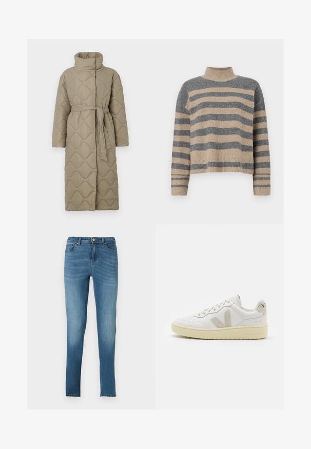 Abrigo largo en tono topo, acolchado, con cuello alto y cinturón de tela a juego atado en la cintura, que presenta un diseño de costura en patrón de olas en toda su superficie.; Suéter de punto a rayas en colores gris y beige, con cuello alto, mangas anchas con puños, y un corte relajado con un diseño recortado.; Jeans ajustados de denim azul claro con efecto desgastado, cinco bolsillos, cierre de botón de metal y detalles de costura sutil. Pierna recta.; Zapatilla de piel blanca con acentos de ante beige, caja de puntera perforada, cordones planos y suela texturizada en color crema. Cuenta con un branding sutil en el talón.