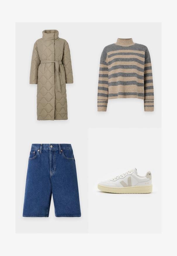 Ilgas taupe spalvos siuvinėtas paltas su aukštu apykakle ir derančiu audinio diržu, suvytu juosmenyje, su banguotu raštu siuvinėjimu visame paviršiuje.; Dryžuotas mezginys su pilkos ir smėlio spalvomis, aukštu kaklu, plačiomis rankovėmis su atvartais ir laisvu siluetu, trumpesnio ilgio.; Tamsiai mėlyni džinsiniai šortai su klasikiniu šonu, penkių kišenių dizainu ir oranžinėmis siūlėmis. Užbaigti priekiniais mygtukais ir užtrauktuku.; Balti odiniai sportbačiai su kreminiais zomšos akcentais, perforuota pirštų dalimi, plokščiomis raišteliais ir struktūruota kreminėmis padomis. Ant kulno yra subtilus ženklinimas.