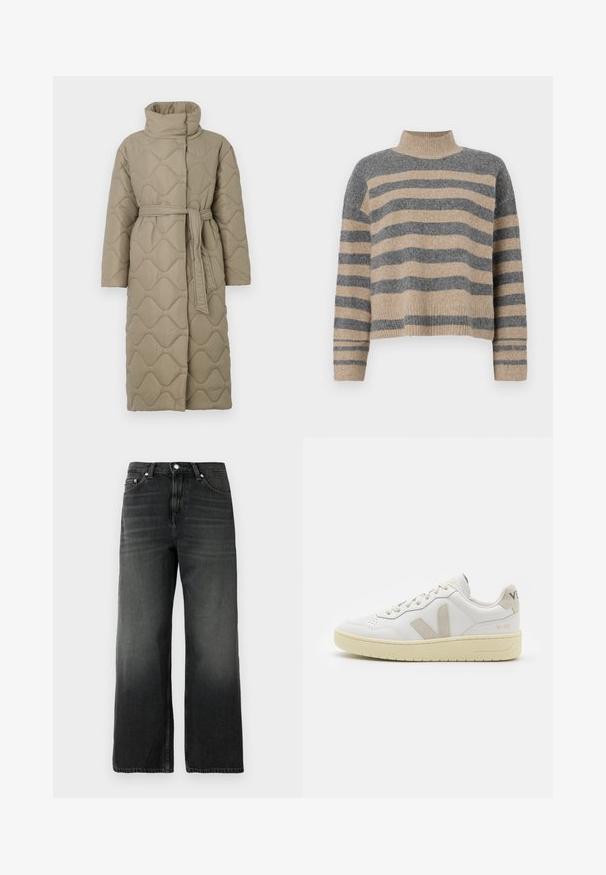 Garšs pelēkbrūns quiltēts mētelis ar augstu apkakli un atbilstošu auduma jostu, kas sasieta ap vidukli, ar viļņu raksta šuvēm visā virsmā.; Raitaināta džemperis ar pelēkajām un bežām krāsām, augstu apkakli, platām aprocēm un brīvu piegriezumu ar īsu dizainu.; Melni denima džinsi ar brīvu piegriezumu, taisnu kāju dizainu, izbalējušu tekstūru, piecu kabatu stilu un sudraba pogu aizdari jostas vietā.; Baltas ādas sporta apavu pāris ar bēšiem zamša akcentiem, caurumiņu purngalā, plakanu šņorēšanu un teksturētu krēmkrāsas zoli. Iezīmējas ar diskrētu zīmolu uz papēža.