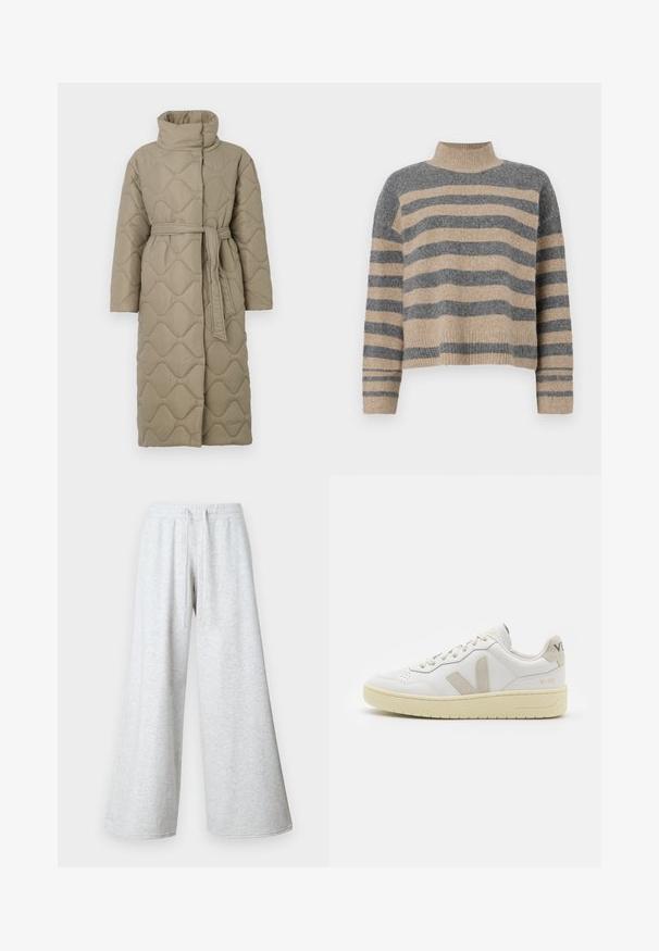 Dolga taupe puhovka s visokim ovratnikom in pasom iz iste tkanine, zavezanim na pasu, ki vsebuje šivane vzorce valov v celotni dolžini.; Prajčast pulover z šivi v sivi in bež barvi, visokim ovratnikom, širokimi manšetami in sproščenim krojem s skrajšano zasnovo.; Svijetlosivi široki dukserice s elastičnom trakom u struku, izrađeni od mekanog, teksturiranog materijala. Imaju opušteni kroj i bez uzoraka.; Bela usnjena tenisača z bež semiš poudarki, perforiranim prednjim delom, ravnimi vezalkami in strukturiranim kremnim podplatom. Ima diskretno blagovno znamko na peti.