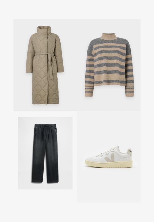 Abrigo largo en tono topo, acolchado, con cuello alto y cinturón de tela a juego atado en la cintura, que presenta un diseño de costura en patrón de olas en toda su superficie.; Suéter de punto a rayas en colores gris y beige, con cuello alto, mangas anchas con puños, y un corte relajado con un diseño recortado.; Pantalones jogger de mezclilla negra con cintura elástica, cordón, dos bolsillos laterales y un ajuste relajado; presenta una textura desgastada.; Zapatilla de piel blanca con acentos de ante beige, caja de puntera perforada, cordones planos y suela texturizada en color crema. Cuenta con un branding sutil en el talón.
