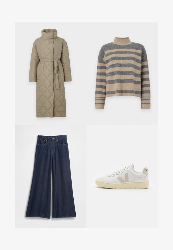 Dlouhý taupe prošívaný kabát s vysokým límcem a opaskem ze stejného materiálu svázaným v pase, se vzorem vlnkového šití po celém povrchu.; Pruhovaný pletený svetr v šedých a béžových barvách, s vysokým krkem, širokými rukávy s manžetami a uvolněným střihem s kráceným designem.; Džínové kalhoty s širokými nohavicemi v tmavě modré barvě. Mají vysoký pas, pět kapes a kontrastní švy. Hladká textura s čistým lemem.; Bílé kožené tenisky s béžovými semišovými akcenty, perforovanou špičkou, plochými tkaničkami a strukturovanou krémovou podešví. Obsahují jemné logo na patě.