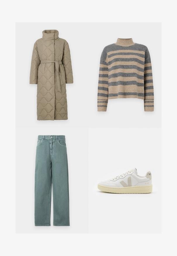 Pikk taupe värvi tikitud mantel kõrge kraega ja sobiva materjalist vööga, mis on seotud vöökohal, ning kogu ulatuses on lainelise mustriga tikand.; Triibuline kudumipusa, millel on hallid ja beezid toonid, kõrge kaelus, laiad mansetid ja vabalt langev lõige koos lühendatud disainiga.; Heledad roheline laienev teksapaar, mis sisaldab nupukinnitust, nelja taskut ja peenelt õmmeldud detaile, valmistatud siledast puuvillast kangast.; Valge nahast tenniseking, millel on beežist siidist aktsent ja aukudega varvas, lame paelad ja tekstureeritud koorevärvi tallad. Omab nüansirikast brändimist kannal.