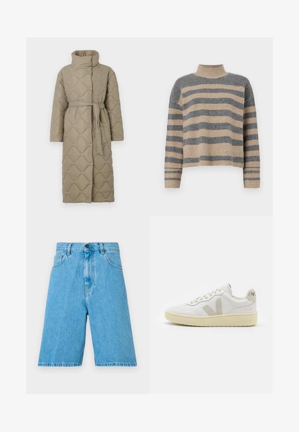Lang taupe quiltet frakk med høy krage og belte i matchende stoff knyttet rundt livet, med bølgemønster-innsying gjennom hele frakken.; Stripet strikkegenser som har grå og beige farger, høy hals, brede mansjetter og en avslappet passform med kort design.; Lyseblå denimshorts med avslappet passform, med belteholder, knappelukking og frontlommer. Stoffet har en glatt tekstur.; Hvite lær sneakers med beige semsket detaljer, perforert tåboks, flate lisser og en teksturert kremfarget såle. Har subtil branding på hælen.