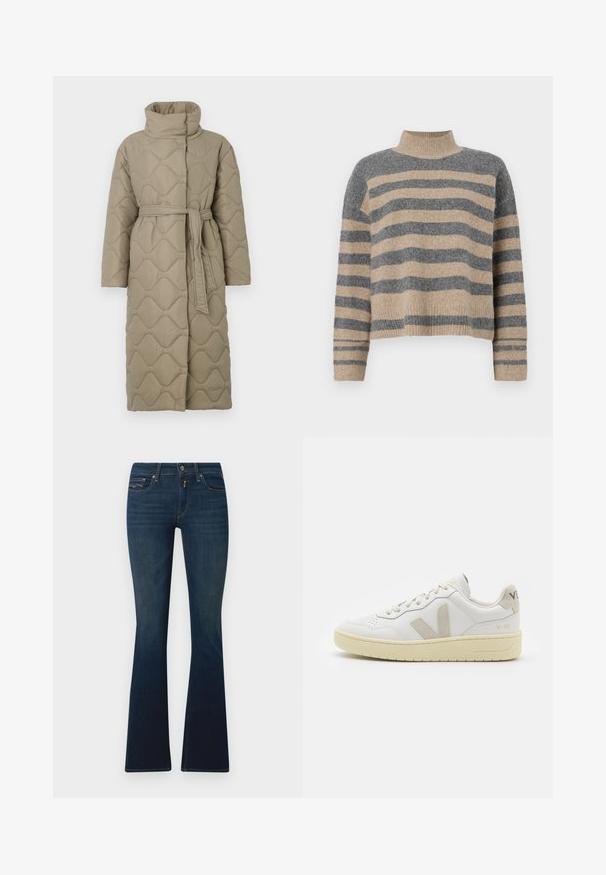 Dolga taupe puhovka s visokim ovratnikom in pasom iz iste tkanine, zavezanim na pasu, ki vsebuje šivane vzorce valov v celotni dolžini.; Prajčast pulover z šivi v sivi in bež barvi, visokim ovratnikom, širokimi manšetami in sproščenim krojem s skrajšano zasnovo.; Temno modri široki kavbojki iz denima, ki vključujejo pas z sprednjim gumbom, poševne žepke in subtilne šivane detajle.; Bela usnjena tenisača z bež semiš poudarki, perforiranim prednjim delom, ravnimi vezalkami in strukturiranim kremnim podplatom. Ima diskretno blagovno znamko na peti.