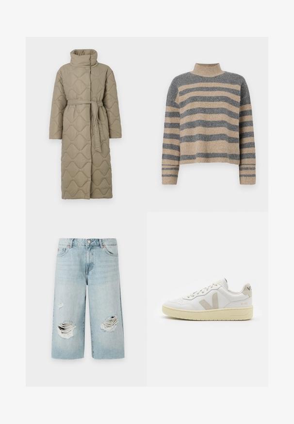 Pitkä taupe-värinen tikattu takki, jossa on korkea kaulus ja samaa kangasta oleva vyö solmittuna vyötärölle. Takissa on aallokkomuotoista tikkausta koko matkalta.; Raidallisen neulepaidan harmaan ja beigen sävyiset värit, korkea kaulus, leveät hihansuut ja rento istuvuus lyhyellä leikkauksella.; Vaaleansiniset farkkushortsit, joissa on väljä malli ja joissa on kaksi suurta kulutettua reikää etuosassa. Viisi taskua ja näkyvä metallinappi.; Valkoiset nahkakengät, joissa on vaaleanruskeat pigmenttisuojat, rei'itetty kärki, litteät nauhat ja teksturoitu kermaisa pohja. Takana on huomaamaton brändäys.