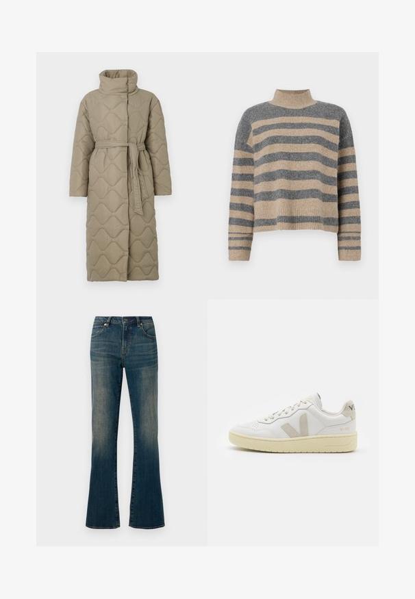Lång taupe-färgad vadderad kappa med hög krage och matchande tygskärp knutet i midjan, med en vågmönstrad sömnad genom hela plagget.; Randig stickad tröja i grå och beige färger, hög krage, vida manschetter och avslappnad passform med en cropped design.; Uppvikta blå denimjeans med en något blekt finish, femfickorsdesign, knappstängning och sydda detaljer längs sömmarna.; Vita lädersneakers med beige mockadetaljer, perforerad tåbox, platta snören och en texturerad krämfärgad sula. Har diskret varumärkning på hälen.
