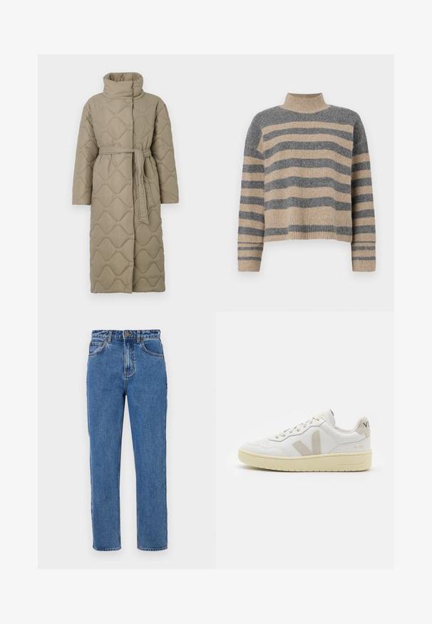 Ilgas taupe spalvos siuvinėtas paltas su aukštu apykakle ir derančiu audinio diržu, suvytu juosmenyje, su banguotu raštu siuvinėjimu visame paviršiuje.; Dryžuotas mezginys su pilkos ir smėlio spalvomis, aukštu kaklu, plačiomis rankovėmis su atvartais ir laisvu siluetu, trumpesnio ilgio.; Aukštai juosmens mėlyni džinsai, tiesios kojos, mygtuko uždarymas, penkios kišenės, šviesus nusidėvėjimas ir toniniai siuvinėjimo detailės.; Balti odiniai sportbačiai su kreminiais zomšos akcentais, perforuota pirštų dalimi, plokščiomis raišteliais ir struktūruota kreminėmis padomis. Ant kulno yra subtilus ženklinimas.