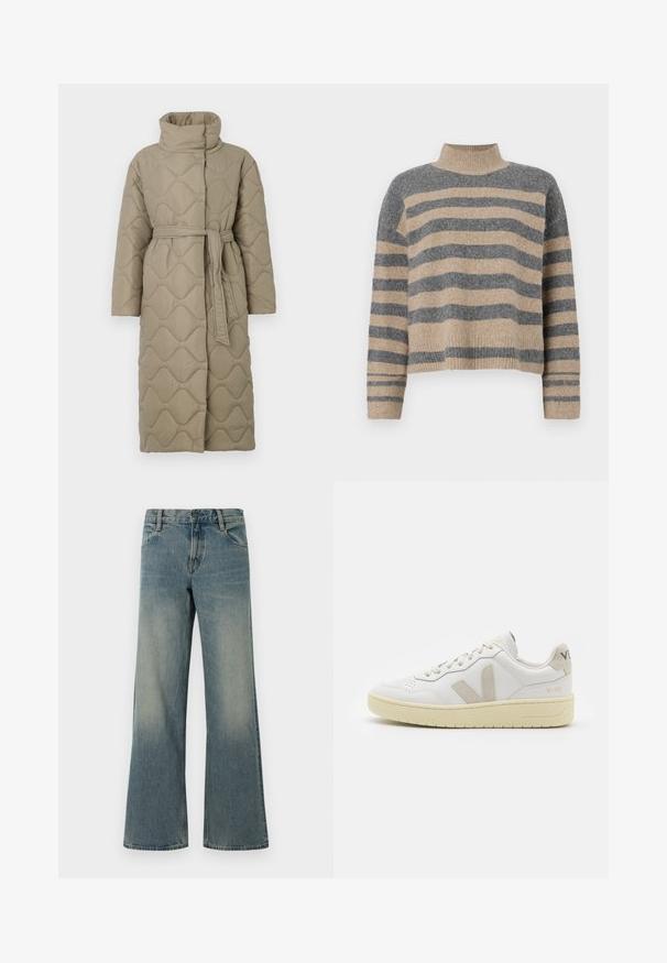 Pitkä taupe-värinen tikattu takki, jossa on korkea kaulus ja samaa kangasta oleva vyö solmittuna vyötärölle. Takissa on aallokkomuotoista tikkausta koko matkalta.; Raidallisen neulepaidan harmaan ja beigen sävyiset värit, korkea kaulus, leveät hihansuut ja rento istuvuus lyhyellä leikkauksella.; Siniset leveälahkeiset farkut, joissa on klassinen viiden-taskun muotoilu ja nappi-vetoketjukiinnitys. Housuissa on haalistuneet pesuyksityiskohdat reisissä ja polville.; Valkoiset nahkakengät, joissa on vaaleanruskeat pigmenttisuojat, rei'itetty kärki, litteät nauhat ja teksturoitu kermaisa pohja. Takana on huomaamaton brändäys.