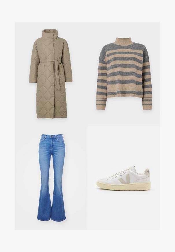 Abrigo largo en tono topo, acolchado, con cuello alto y cinturón de tela a juego atado en la cintura, que presenta un diseño de costura en patrón de olas en toda su superficie.; Suéter de punto a rayas en colores gris y beige, con cuello alto, mangas anchas con puños, y un corte relajado con un diseño recortado.; Jeans acampanados de color azul claro, hechos de denim, con una cintura alta, cinco bolsillos y un ligero desvanecimiento hacia el dobladillo. Cierre de botón plateado.; Zapatilla de piel blanca con acentos de ante beige, caja de puntera perforada, cordones planos y suela texturizada en color crema. Cuenta con un branding sutil en el talón.