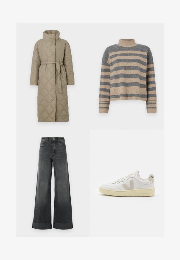 Hosszú taupe színű steppelt kabát magas gallérral és azonos anyagból készült övvel, amely a deréknál van megkötve, hullámmintás varrással az egész felületen.; Csíkos kötött pulóver szürke és bézs színekkel, magas gallérral, széles mandzsettás ujjal és laza, rövidített fazonnal.; Magas derekú fekete, széles szárú farmernadrág, felhajtott szegéllyel, elől gombbal és zsebekkel, egy sima világos háttér előtt bemutatva.; Fehér bőr sneaker bézs velúr részletekkel, perforált orr résszel, lapos fűzőkkel és textúrált krémszínű talppal. Finom márkajelzés található a sarkán.