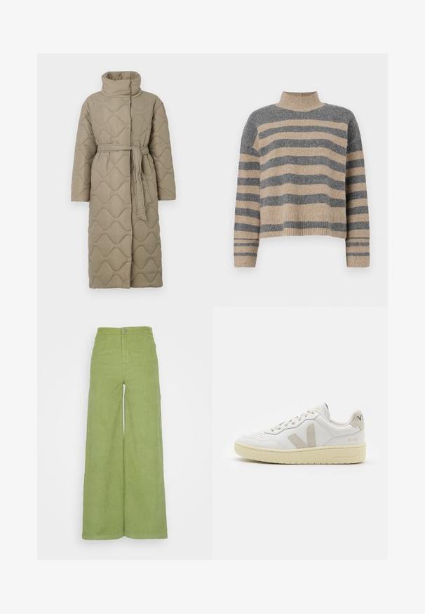 Lange taupe gekwiltde jas met hoge kraag en bijpassende stoffen riem die om de taille is geknoopt, met golfpatroon stiksel over het geheel.; Gestreepte gebreide trui met grijze en beige kleuren, hoge hals, brede mouwen met manchetten en een relaxte pasvorm met een cropped ontwerp.; Groene corduroy wijde broek met hoge taille, voorzien van verticale ribbels, een metalen knoopsluiting en twee zijzakken.; Witte leren sneaker met beige suède accenten, geperforeerde neus, platte veters en een gestructureerde crèmekleurige zool. Heeft subtiele branding op de hak.