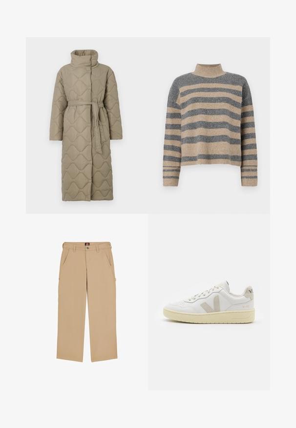 Lange taupe gekwiltde jas met hoge kraag en bijpassende stoffen riem die om de taille is geknoopt, met golfpatroon stiksel over het geheel.; Gestreepte gebreide trui met grijze en beige kleuren, hoge hals, brede mouwen met manchetten en een relaxte pasvorm met een cropped ontwerp.; Beige cargobroek met een reguliere pasvorm, voorzien van zijzakken en een knoopsluiting. Gemaakt van lichtgewicht stof, wat veelzijdigheid en comfort biedt.; Witte leren sneaker met beige suède accenten, geperforeerde neus, platte veters en een gestructureerde crèmekleurige zool. Heeft subtiele branding op de hak.