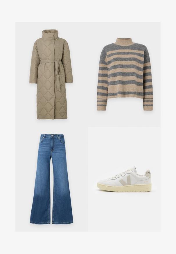 Dolga taupe puhovka s visokim ovratnikom in pasom iz iste tkanine, zavezanim na pasu, ki vsebuje šivane vzorce valov v celotni dolžini.; Prajčast pulover z šivi v sivi in bež barvi, visokim ovratnikom, širokimi manšetami in sproščenim krojem s skrajšano zasnovo.; Široke modre traperice iz denima, z visokim pasom, sprednjimi žepi in čistim robom. Brez vidnih vzorcev ali okrasitev.; Bela usnjena tenisača z bež semiš poudarki, perforiranim prednjim delom, ravnimi vezalkami in strukturiranim kremnim podplatom. Ima diskretno blagovno znamko na peti.