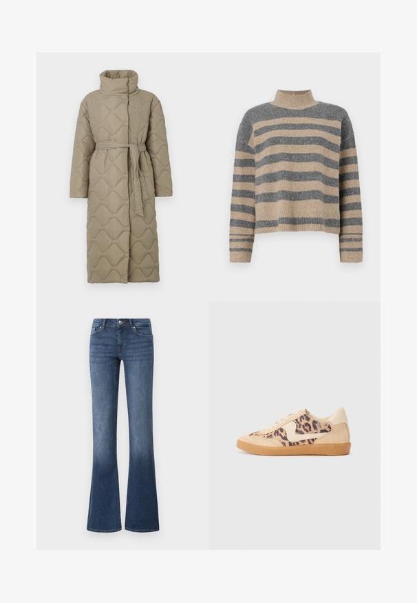 Pikk taupe värvi tikitud mantel kõrge kraega ja sobiva materjalist vööga, mis on seotud vöökohal, ning kogu ulatuses on lainelise mustriga tikand.; Triibuline kudumipusa, millel on hallid ja beezid toonid, kõrge kaelus, laiad mansetid ja vabalt langev lõige koos lühendatud disainiga.; Laiendatud sinised teksad, mis on valmistatud denimist, keskmise pesu, viie tasku ja lukuga, nööbiga kinnitatud. Sile tekstuur.; Leopardi mustriga tossud, millel on beež sueded ülemine osa, pruuni kummist põhi ja valged aktsendid. Ümar nina ja lipsukujundus, millel on tekstureeritud viimistlus.