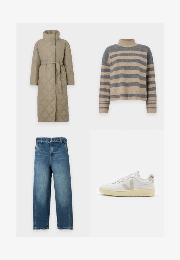 Dolga taupe puhovka s visokim ovratnikom in pasom iz iste tkanine, zavezanim na pasu, ki vsebuje šivane vzorce valov v celotni dolžini.; Prajčast pulover z šivi v sivi in bež barvi, visokim ovratnikom, širokimi manšetami in sproščenim krojem s skrajšano zasnovo.; Modri jeans z visokim pasom, širokimi nogami in obročkom za pas iz kovine. Imajo zbledeno in subtilno gubanje na tkanini.; Bela usnjena tenisača z bež semiš poudarki, perforiranim prednjim delom, ravnimi vezalkami in strukturiranim kremnim podplatom. Ima diskretno blagovno znamko na peti.